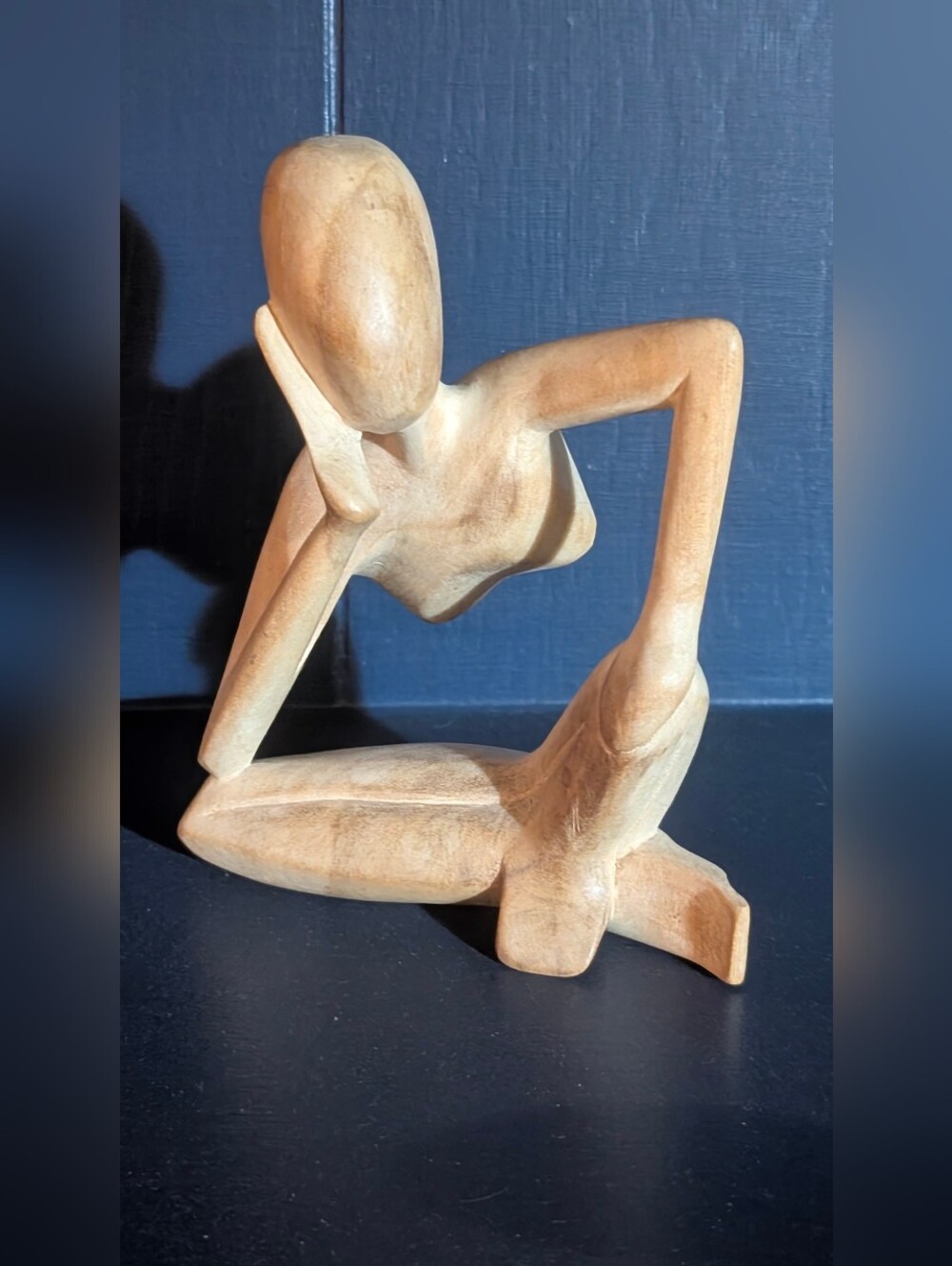 Handcarved Wooden Abstract Figure Sculpture -The Thinking Man
